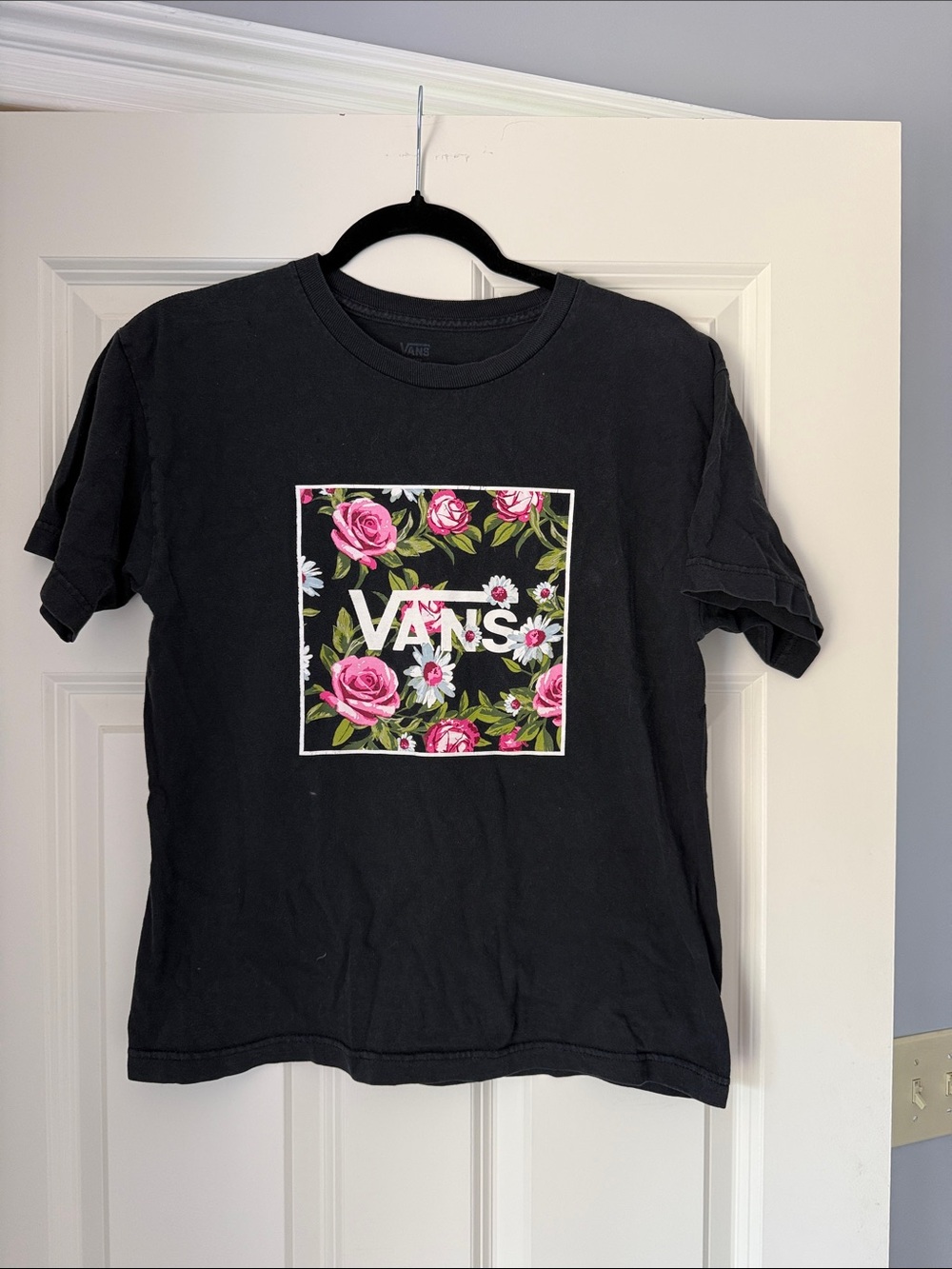Vans Black Tee with Pink Floral Box Logo